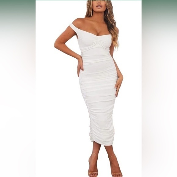 White scrunched midi dress size Small NWT - Picture 4 of 13